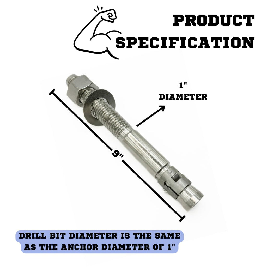 Mighty Fasteners Wedge Anchors – Heavy-Duty 304 Stainless Steel Expansion Bolts for Concrete & Masonry, Rust-Resistant & Durable - 1' X 9' - 10 Pack