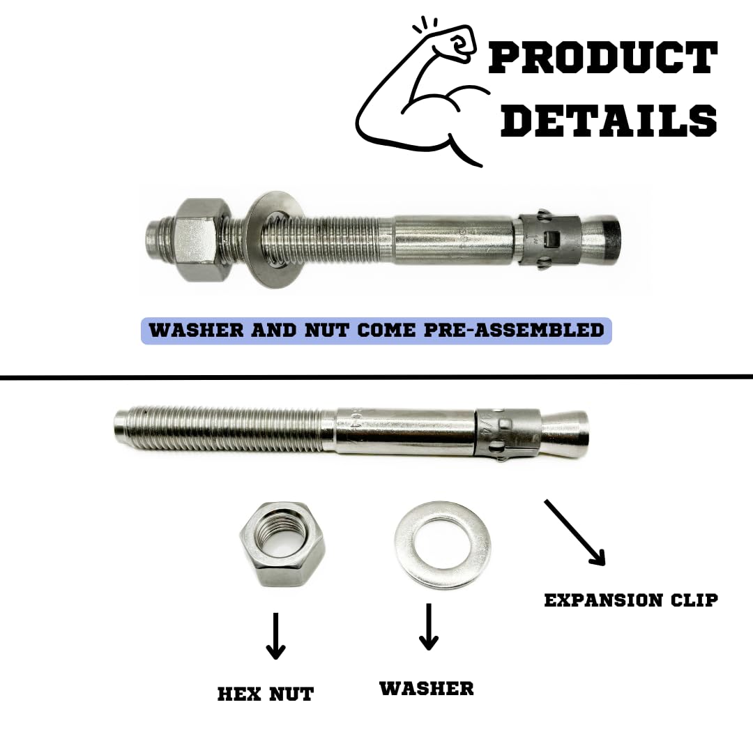 Mighty Fasteners Wedge Anchors – Heavy-Duty 304 Stainless Steel Expansion Bolts for Concrete & Masonry, Rust-Resistant & Durable - 1' X 9' - 10 Pack