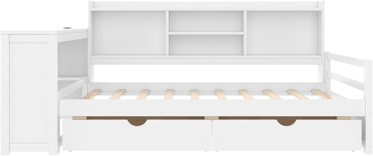 SOFTSEA Twin Size Daybed with Desk & Storage, Wood L-Shaped Corner Bed Frame with Drawers, Shelves and Charging Station or Living Room, Guest Room, White