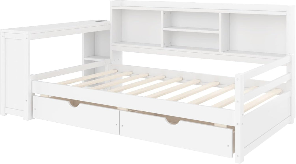 SOFTSEA Twin Size Daybed with Desk & Storage, Wood L-Shaped Corner Bed Frame with Drawers, Shelves and Charging Station or Living Room, Guest Room, White