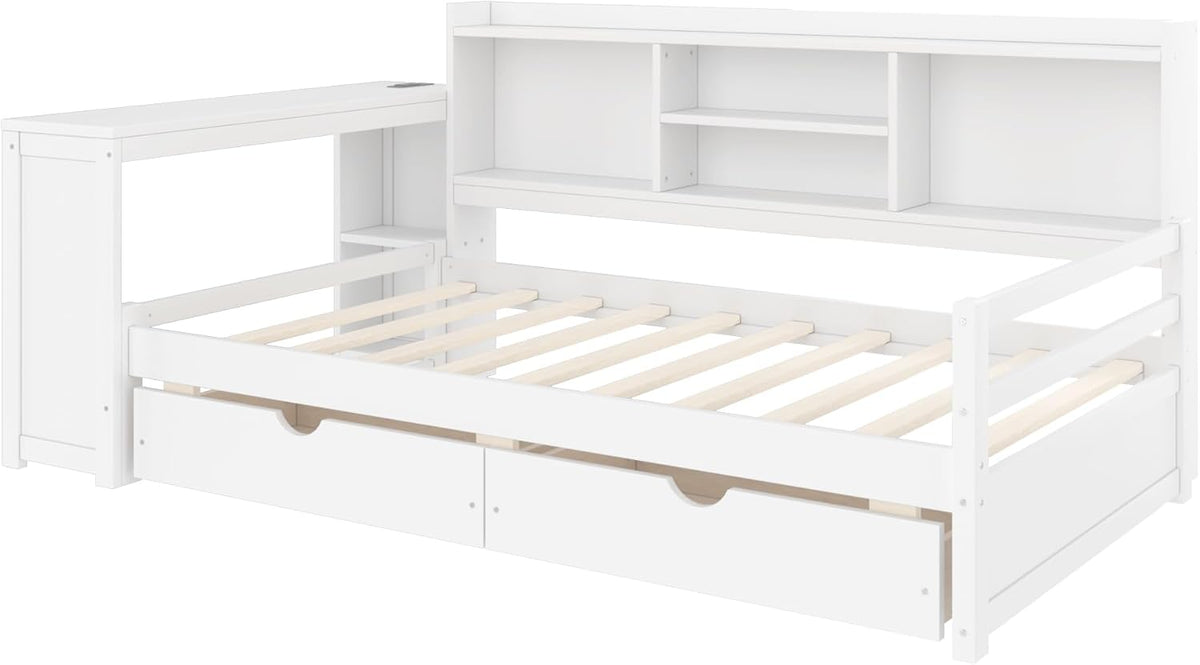 SOFTSEA Twin Size Daybed with Desk & Storage, Wood L-Shaped Corner Bed Frame with Drawers, Shelves and Charging Station or Living Room, Guest Room, White