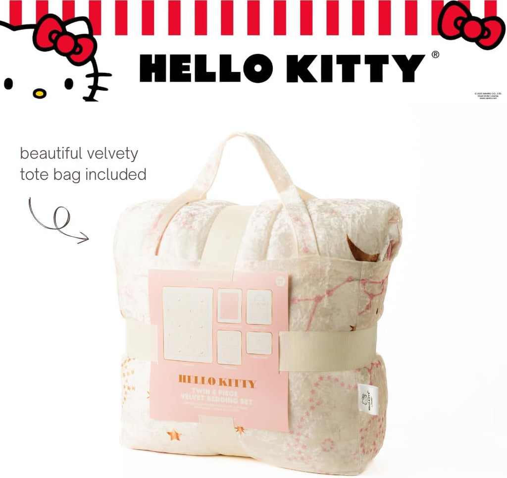 Lux Hello Kitty Velvet Bedding 7 Piece Super Soft Cozy Reversible Comforter and Sheet Set with Sham & Tote Bag, Queen, (Officially Licensed Product) by Franco