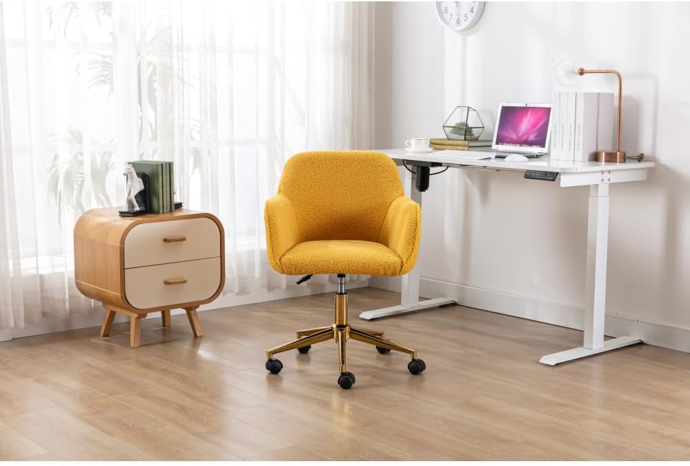 Plush Teddy Fabric Ergonomic Office Chair with Adjustable Height, 360-Degree Swivel Base, and Smooth-Rolling Casters for Home or Workspace (Yellow Teddy + Upholstered + Foam)