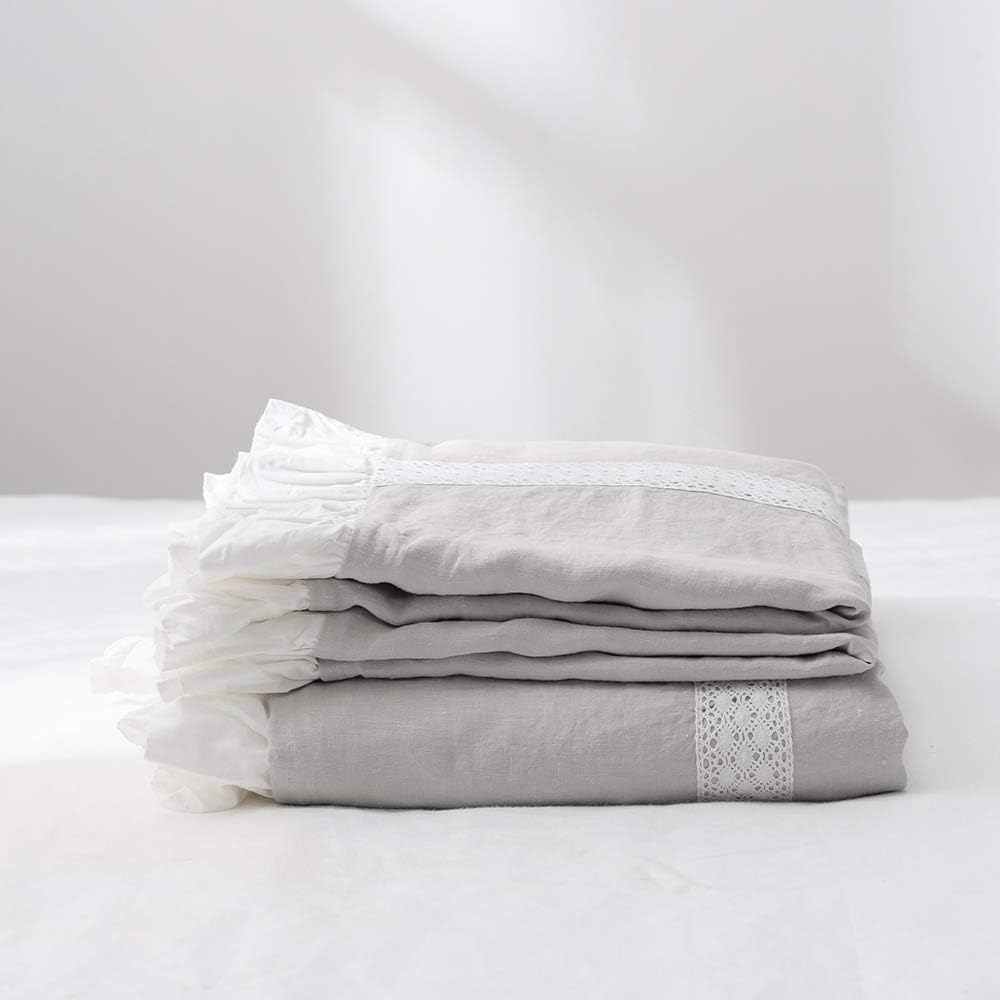 Simple&Opulence 100% Linen Duvet Cover Set (68''x86'') Frill Floral Flax Twin Size, Shabby Chic Ruffle Edge Lace Insert Decoration, 2 Pcs Farmhouse Bedding-1 Comforter Cover 1 Pillow Sham, Floral Grey
