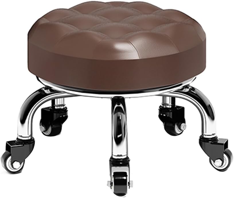 Heavy-Duty Low Roller Stool with 360° Swivel Wheels, Ottoman Footstool, Low-Height Short Rolling Stool Seat, PU Leather Small Mechanic Chair, Rolling Stools for Garage, Shop, Library Brown