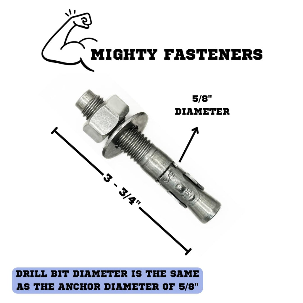 Mighty Fasteners Wedge Anchors – Heavy-Duty 304 Stainless Steel Expansion Bolts for Concrete & Masonry, Rust-Resistant & Durable - 5/8 X 3-3/4' - 25 Pack