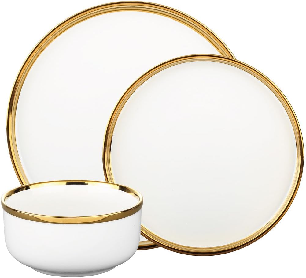 Godinger Dinnerware Set, Dinner Plate, Salad/Appetizer Plate and Soup/Cereal Bowl, 12 Piece Set, White and Gold, Stoneware