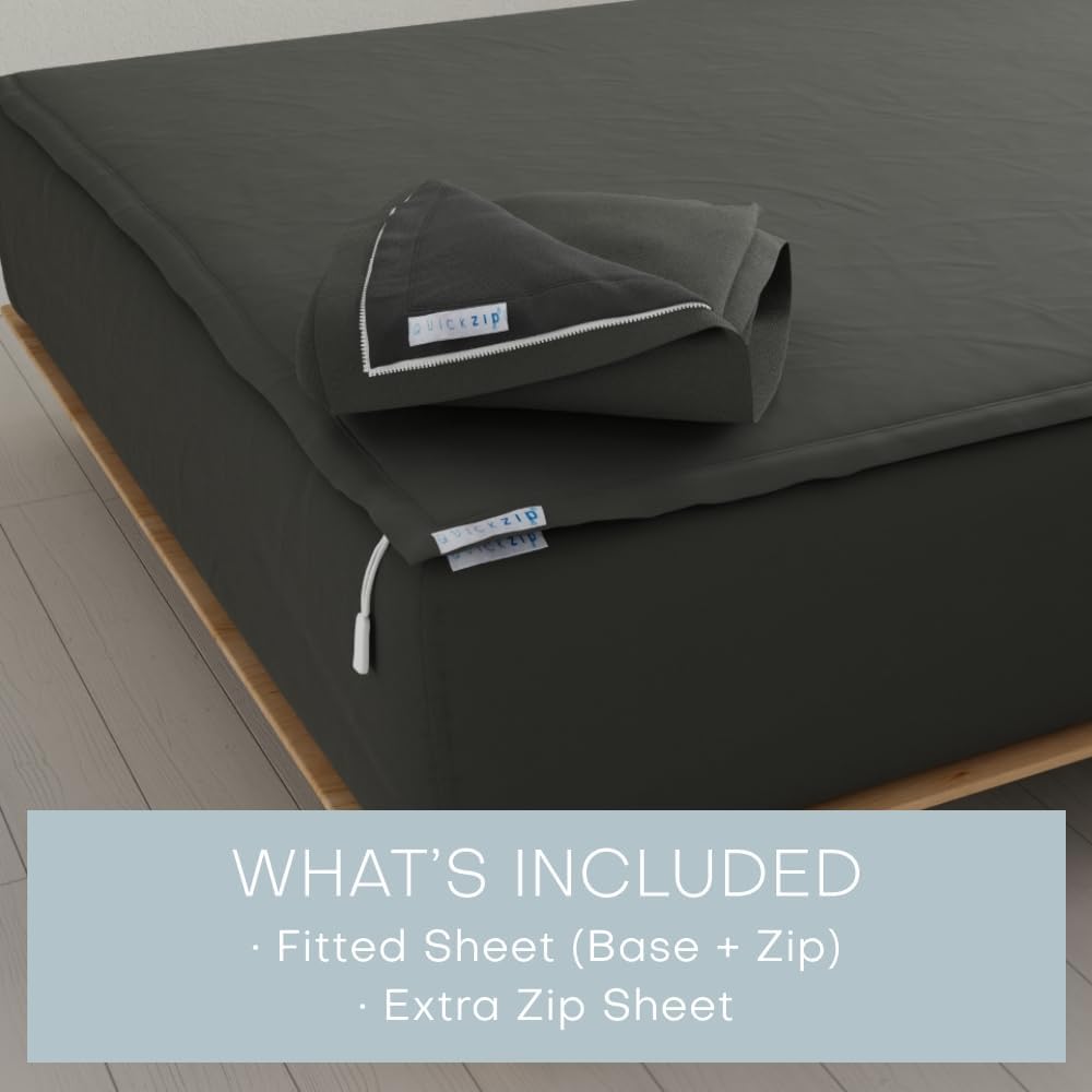 QuickZip Fitted Plus Spare Bundle: 1 Fitted Sheet (Base + Zip Sheet) & 1 Zip Sheet - Easy to Change, Won't Pop Off - Soft Percale 400 TC 100% Cotton - 16' Deep Pockets Queen Size Sheets – Charcoal