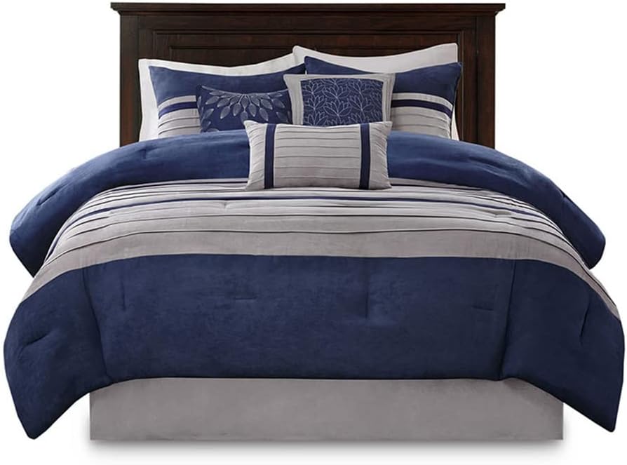 Madison Park Palmer Comforter Set-Luxury Faux Suede Design, Striped Accent, All Season Down Alternative Bedding, Matching Shams, Decorative Pillow, Bed Skirt, King (104 in x 92 in), Blue 7 Piece