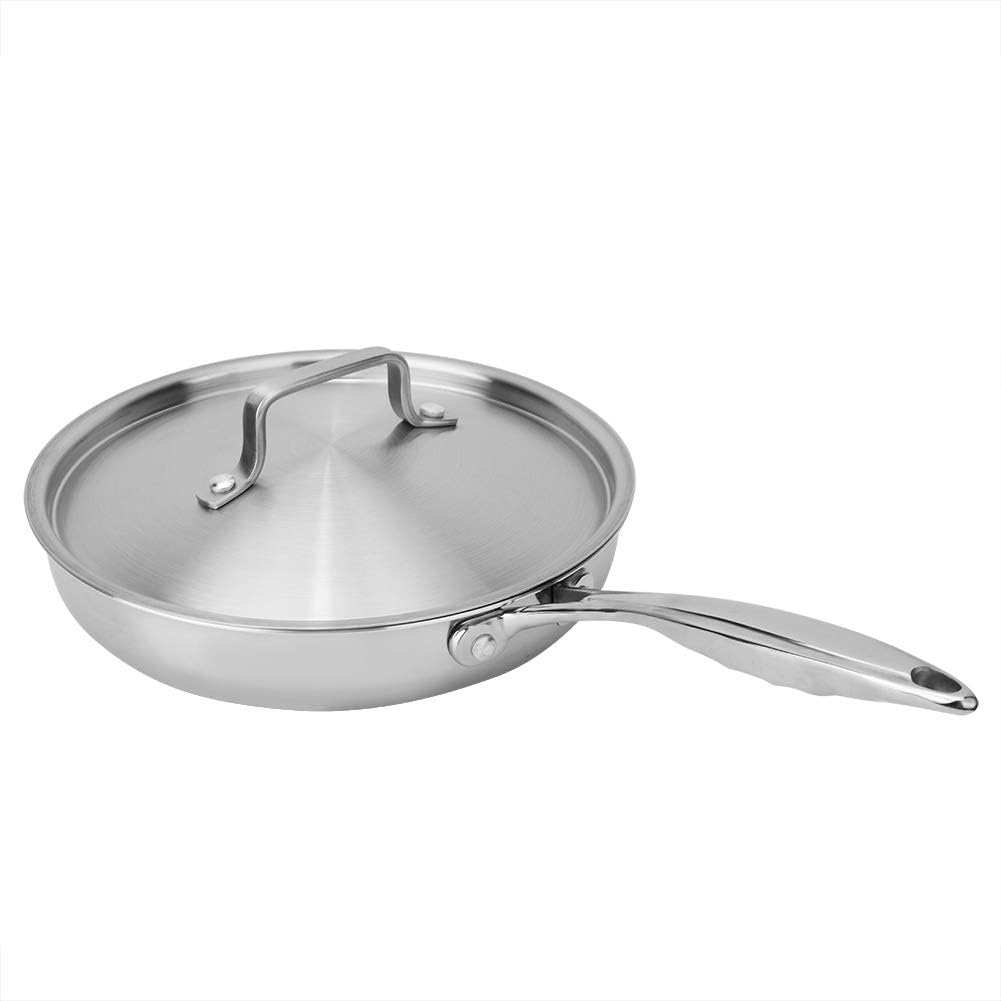 Non-Ctick Wok Saucepan Uncoated 304/403 Stainless Steel Aluminum Three Layer Flat Frying Pan 24cm with Pot Cover Kitchen Cooking Tool(