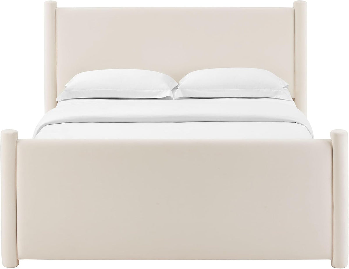 Modway Rael King Platform Bed Frame with Upholstered Headboard and Footboard in Alabaster – Stain-Resistant Performance Velvet King Size Bed with Rounded Posts