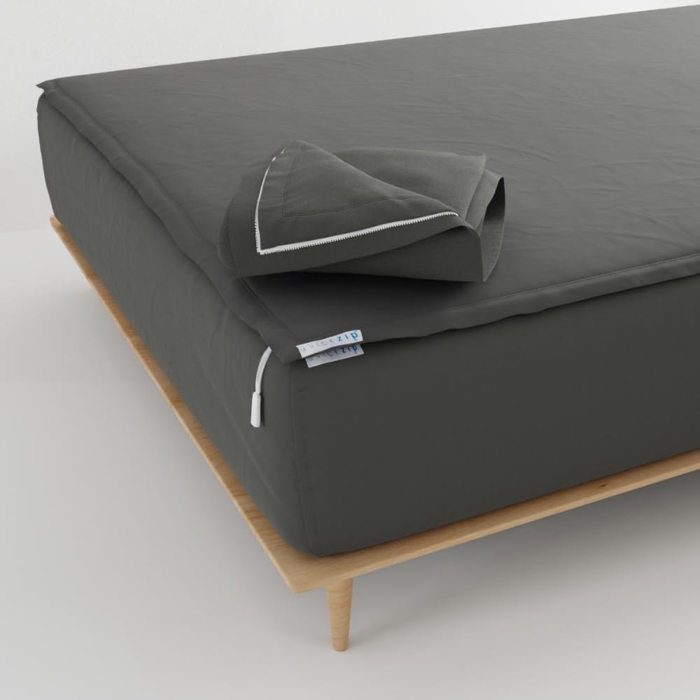 QuickZip Fitted Plus Spare Bundle: 1 Fitted Sheet (Base + Zip Sheet) & 1 Zip Sheet - Easy to Change, Won't Pop Off - Soft Percale 400 TC 100% Cotton - 16' Deep Pockets Queen Size Sheets – Charcoal