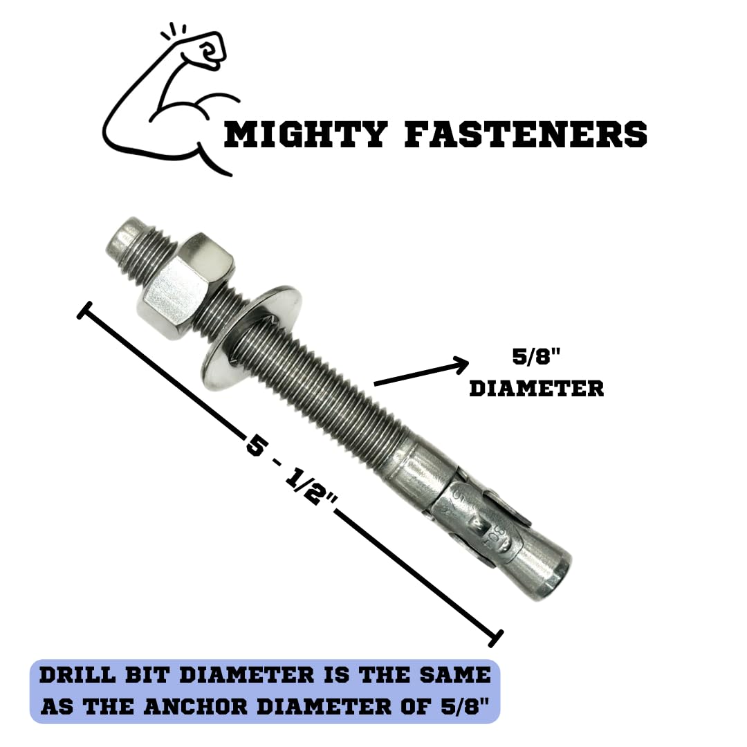 Mighty Fasteners Wedge Anchors – Heavy-Duty 304 Stainless Steel Expansion Bolts for Concrete & Masonry, Rust-Resistant & Durable - 5/8' X 5-1/2' - 25 Pack
