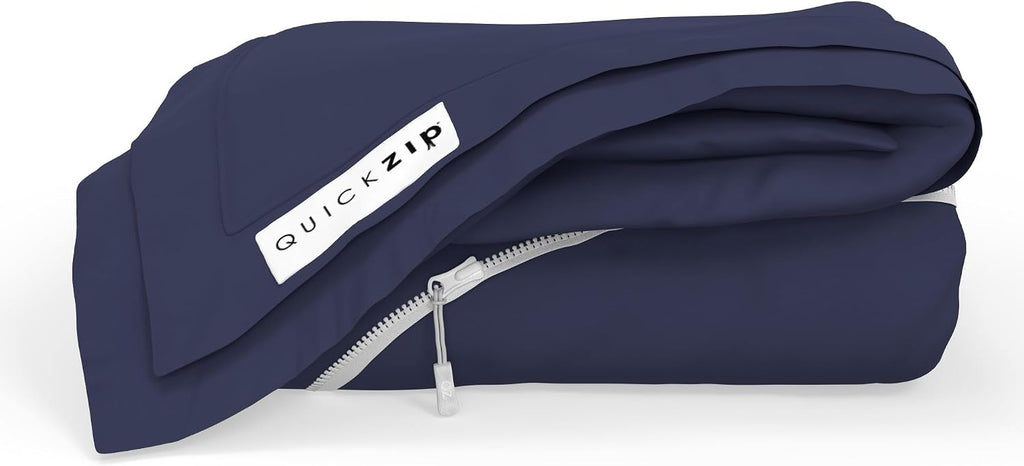 QuickZip Fitted Plus Spare Bundle: 1 Fitted Sheet (Base + Zip Sheet) & 1 Zip Sheet - Easy to Change, Won't Pop Off - Soft Percale 400 TC 100% Cotton - 13.5' Deep Pockets RV Queen Size – Deep Navy