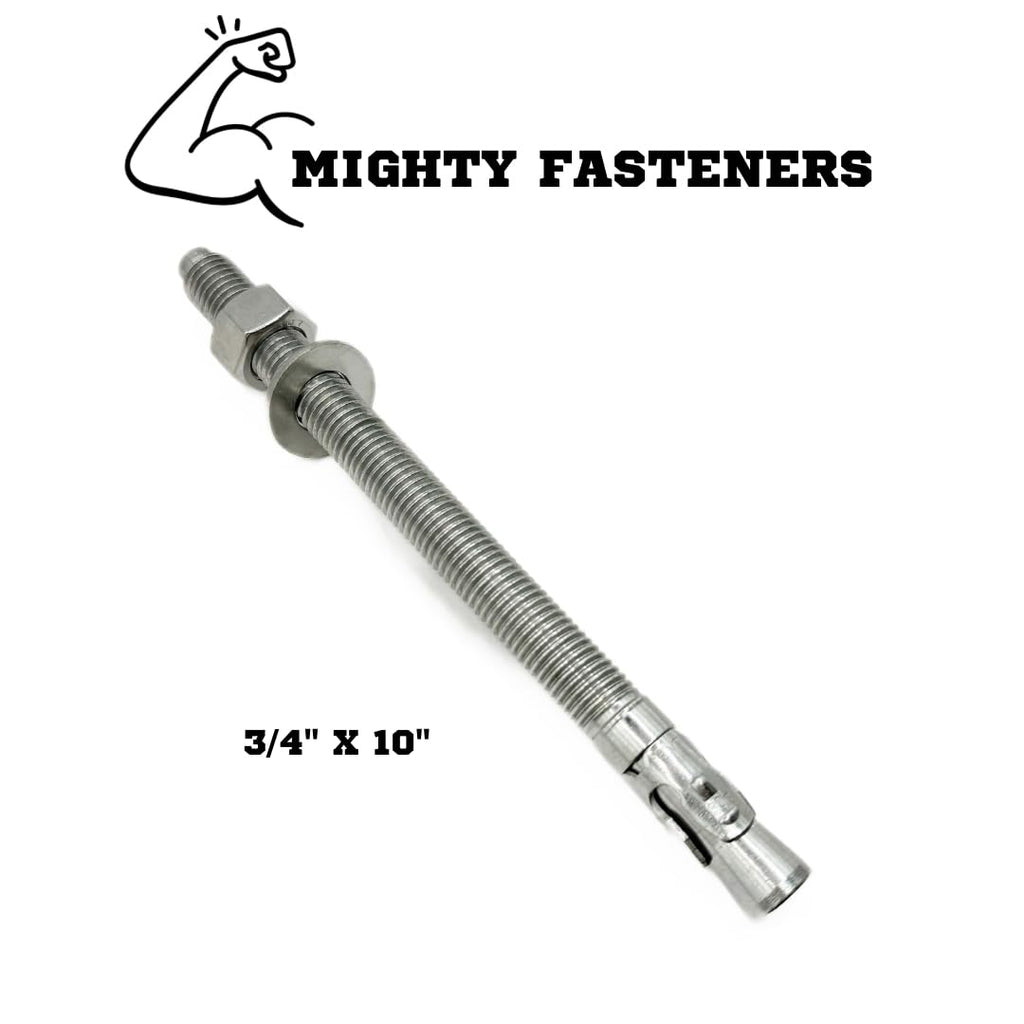 Mighty Fasteners Wedge Anchors – Heavy-Duty 304 Stainless Steel Expansion Bolts for Concrete & Masonry, Rust-Resistant & Durable - 3/4' X 10' - 10 Pack