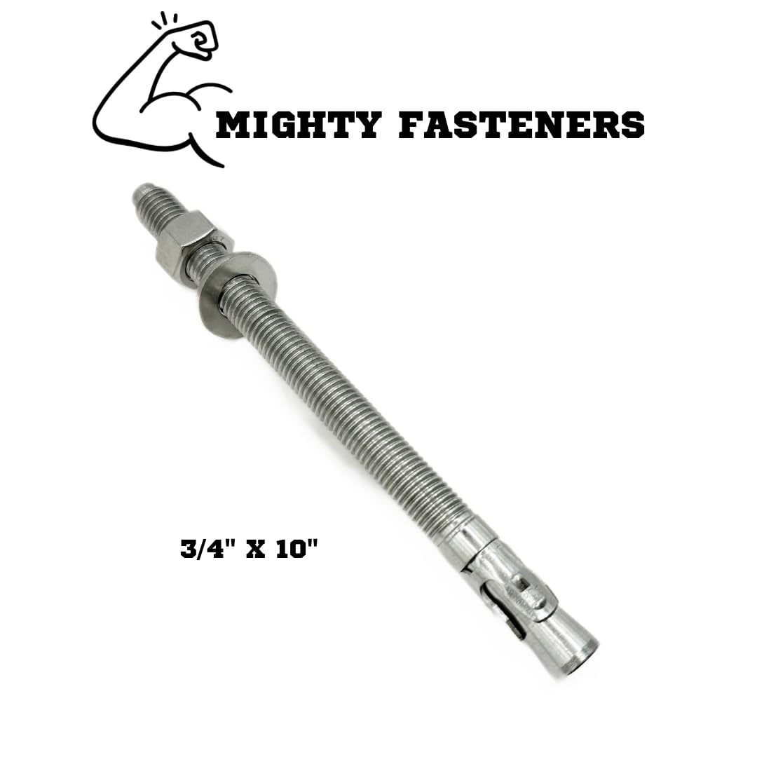 Mighty Fasteners Wedge Anchors – Heavy-Duty 304 Stainless Steel Expansion Bolts for Concrete & Masonry, Rust-Resistant & Durable - 3/4' X 10' - 10 Pack