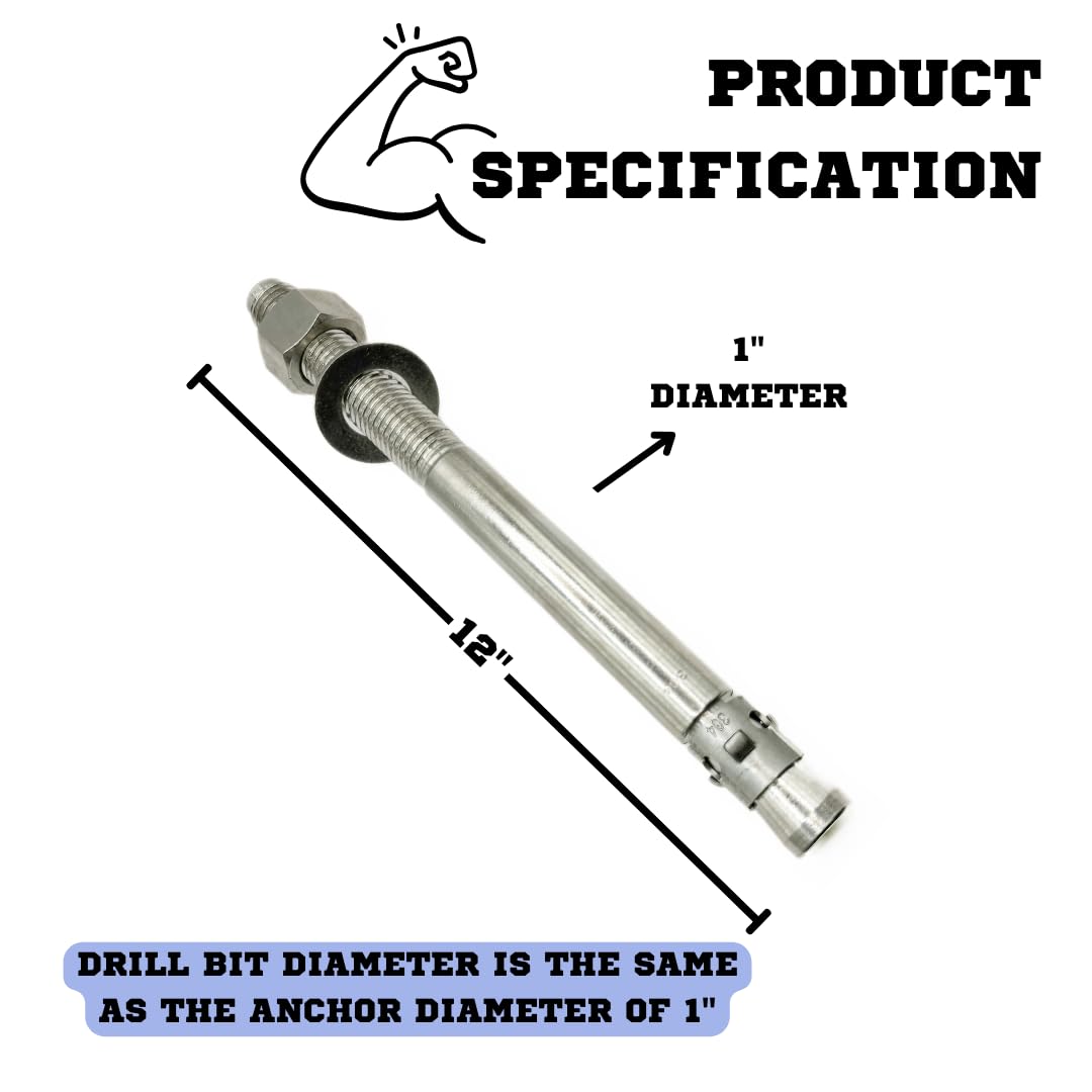 Mighty Fasteners Wedge Anchors – Heavy-Duty 304 Stainless Steel Expansion Bolts for Concrete & Masonry, Rust-Resistant & Durable - 1' X 12' - 5 Pack