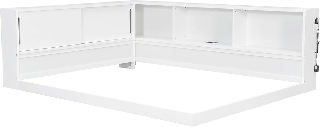 SOFTSEA Queen Size Corner Bed with Bookcase, Wood L-Shaped Floor Daybed with LED Lights & USB Ports, Floor Corner Bed Frame for Bedroom Guest Room, No Slats, White