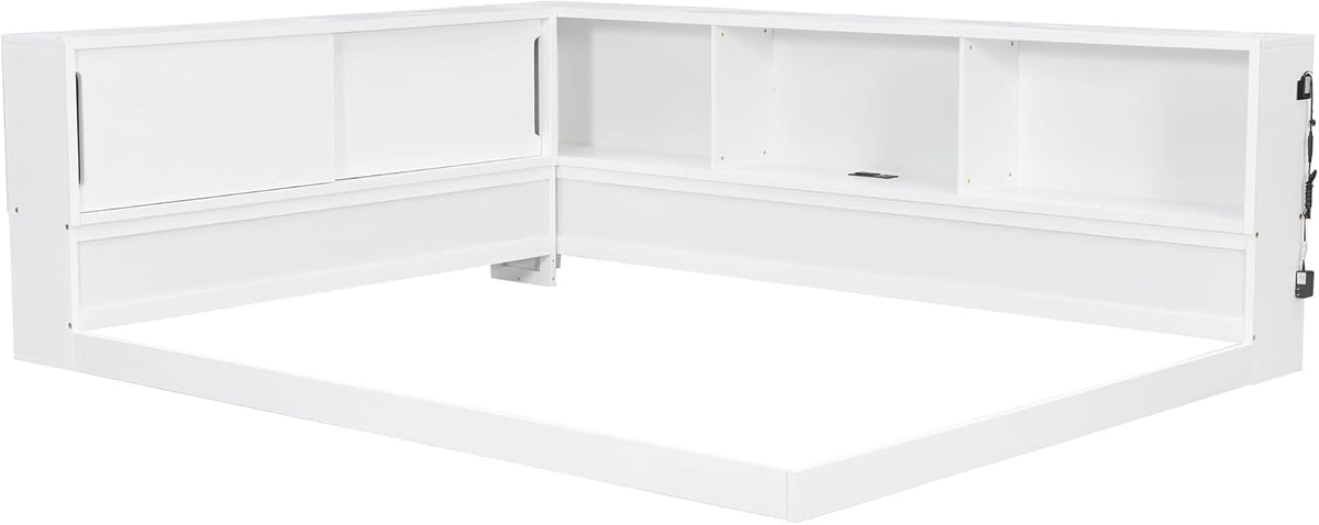 SOFTSEA Queen Size Corner Bed with Bookcase, Wood L-Shaped Floor Daybed with LED Lights & USB Ports, Floor Corner Bed Frame for Bedroom Guest Room, No Slats, White