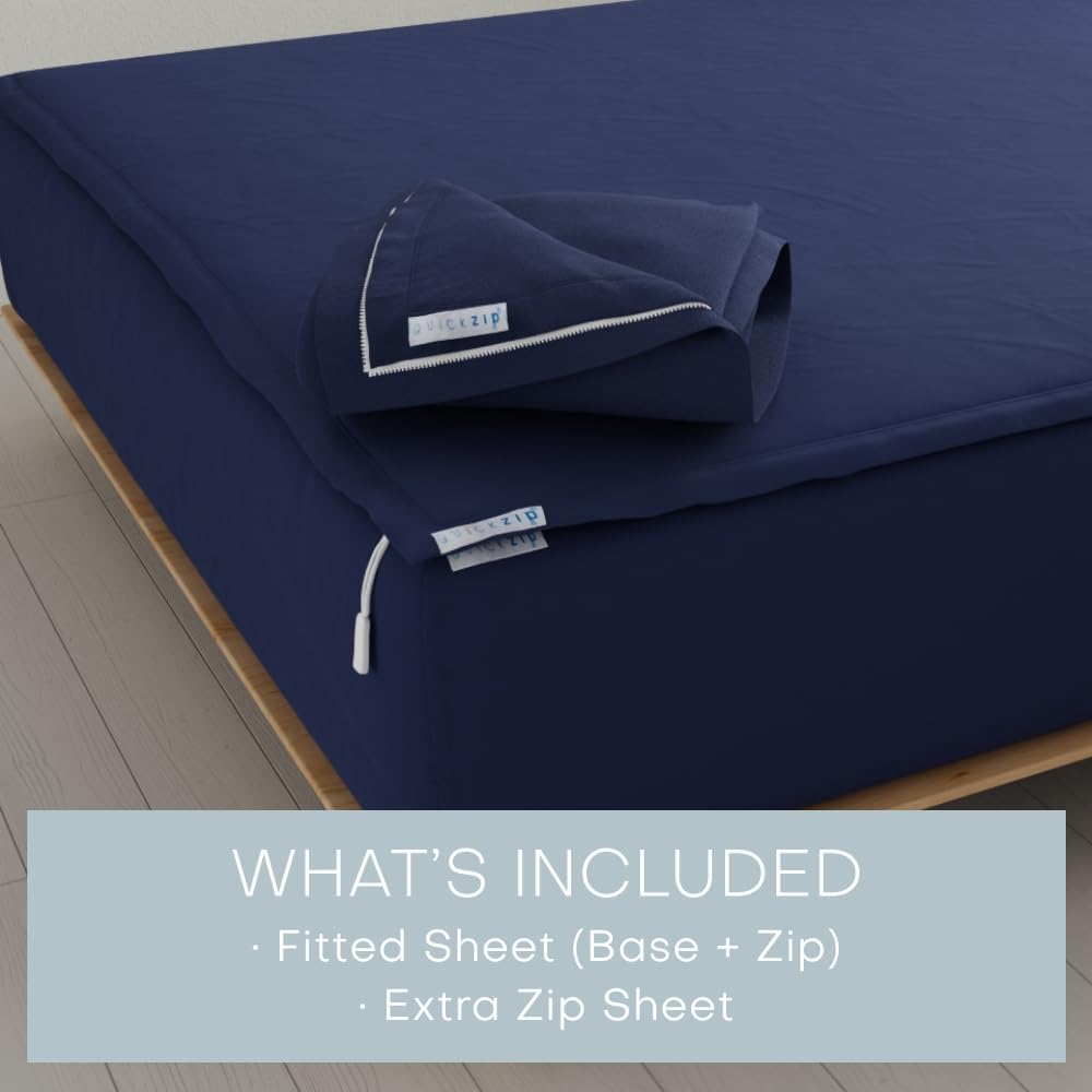 QuickZip Fitted Plus Spare Bundle: 1 Fitted Sheet (Base + Zip Sheet) & 1 Zip Sheet - Easy to Change, Won't Pop Off - Soft Percale 400 TC 100% Cotton - 15' Deep Pockets Full Size Sheets – Deep Navy
