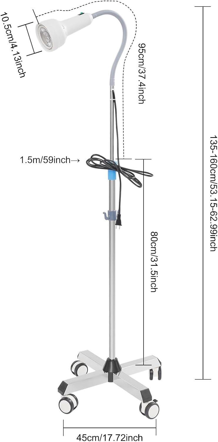 Exam Light 30W LED Medical Examination Light Lamp, Mobile 4-Legged Base w/Universal Wheels, 360° Adjustable Gooseneck LED Exam Light, Dental-Oral & Gynaecology Outpatient Cold Light Lamp (White)