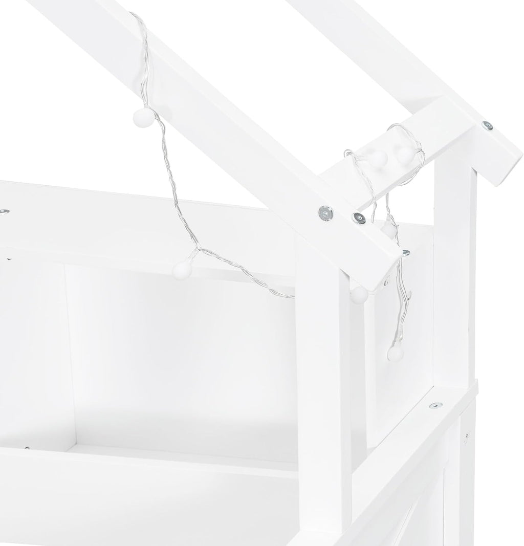 Bellemave Full Size Kids House Bed with Storage Drawers and Led Lights, Solid Wood House Frame Kids Bed with Bookshelf and Roof for Boys,Girls,White