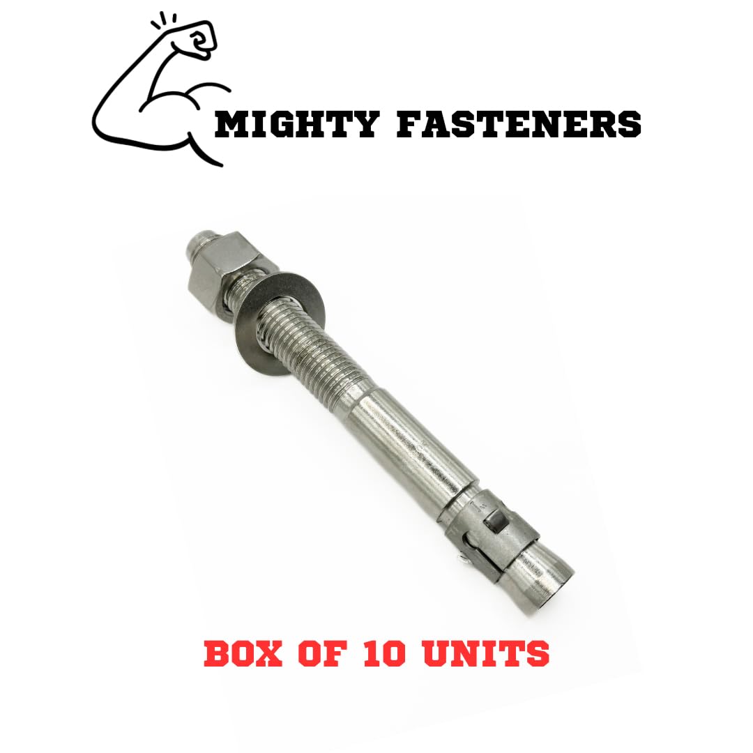 Mighty Fasteners Wedge Anchors – Heavy-Duty 304 Stainless Steel Expansion Bolts for Concrete & Masonry, Rust-Resistant & Durable - 1' X 9' - 10 Pack