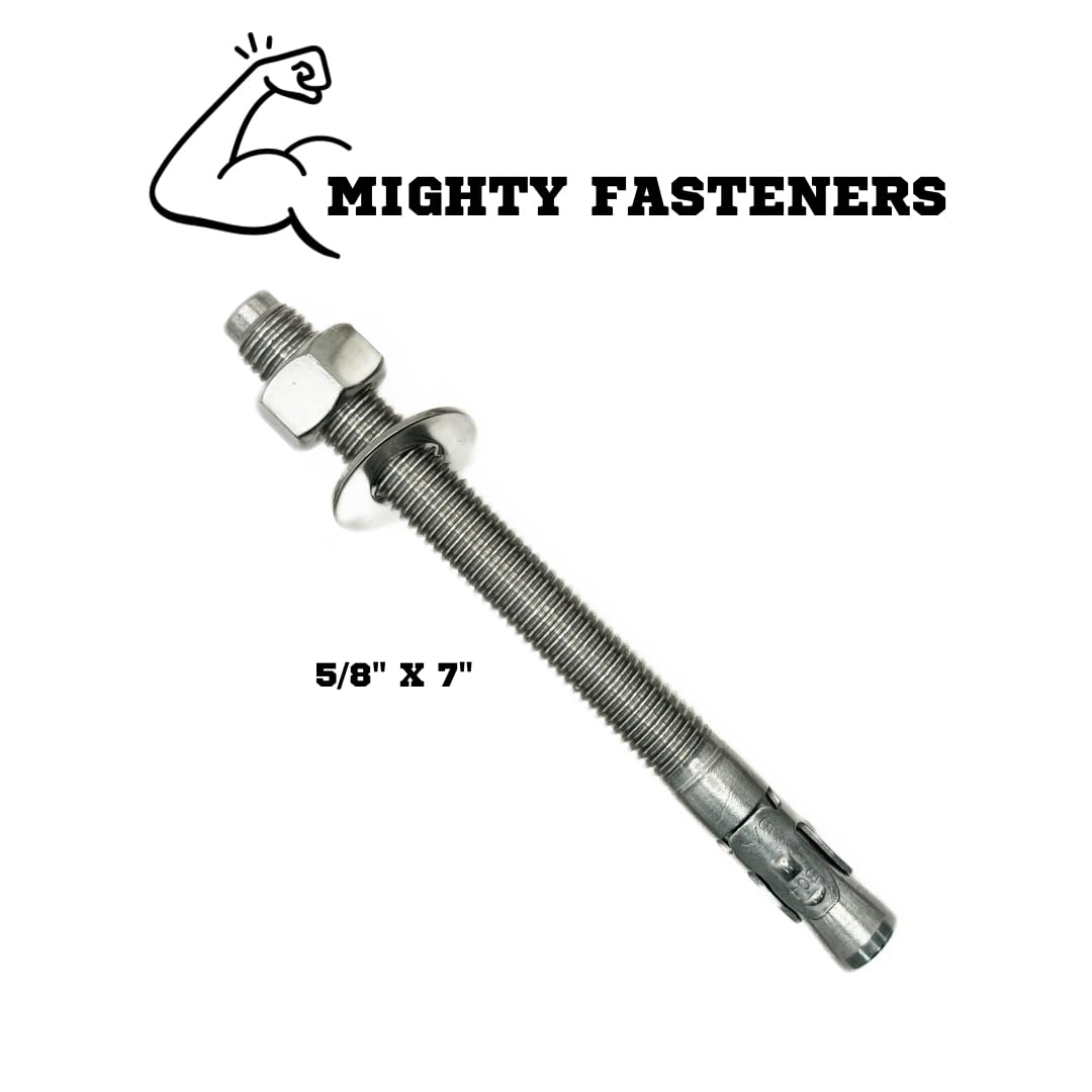 Mighty Fasteners Wedge Anchors – Heavy-Duty 304 Stainless Steel Expansion Bolts for Concrete & Masonry, Rust-Resistant & Durable - 5/8' X 7' - 50 Pack