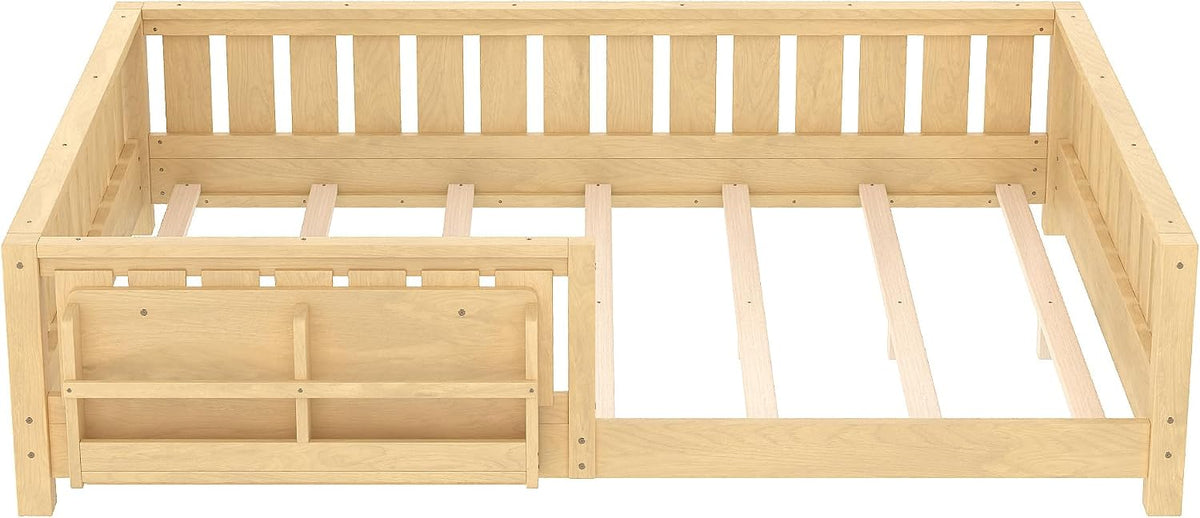 Bellemave Queen Size Floor Bed with Slats and Safety Guardrail, Queen Size Montessori Floor Bed with Fence and Built-in Bookshelf, Easy Assemble Montessori Beds for Girls, Boys, Light Natural