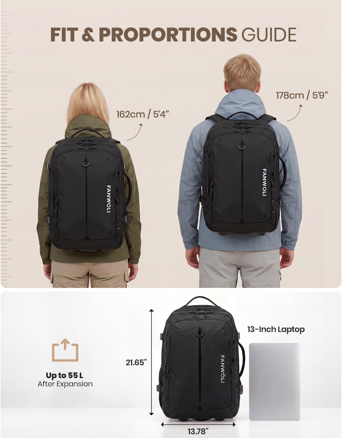 Fanwoli Rolling Vacuum Backpack Travel with One-Button Compression, 55L Expandable, Water Resistant Carry-On Suitcase Luggage, Ideal for Outdoor/Family/Trips