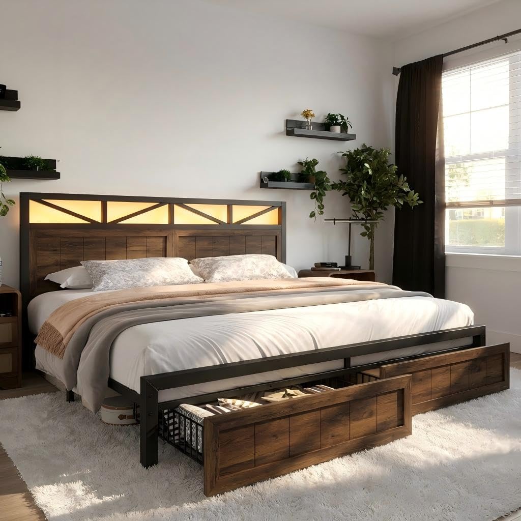 EnHomee King Size Bed Frame with Headboard, 2 Large Drawers Platform Bed with LED Lights and Built-in Charging Station, No Box Spring Needed, Noise-Free Metal Bed for Bedroom,Brown