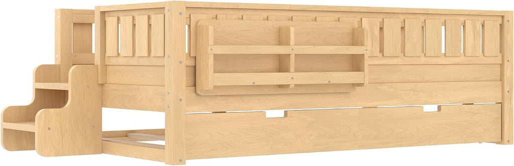 Bellemave Twin Bed with Trundle Twin and Stairs, Twin Size Platform Bed Frame with Fence and Bookshelf, Easy Assemble Beds for Kids, Girls, Boys, Light Natural