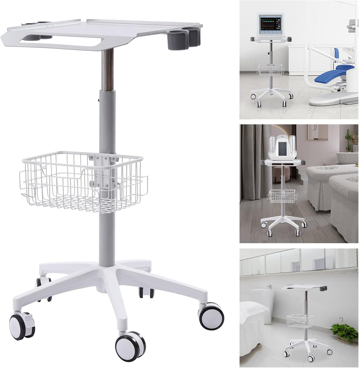 Mobile Trolley Cart Medical Cart, 33.46'-43.71' Height Adjustable Metal Mobile Trolley with 5 Universal Wheels, Large Tabletop Salon Rolling Cart for Lab, SPAs, Beauty Salons(White)