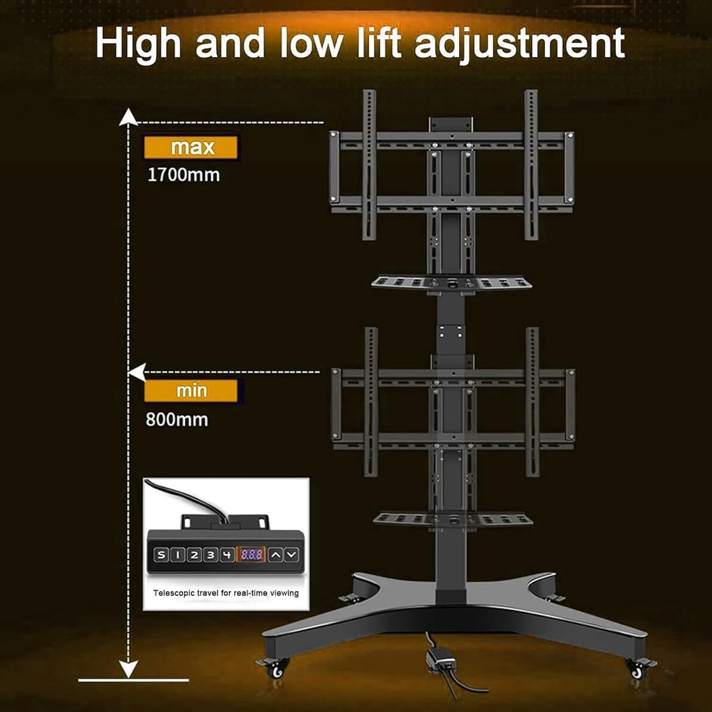 Motorized TV Floor Stand - Mobile TV Cart with Wheels, with Remote Control, Auto Lifting, Dual Mode Control