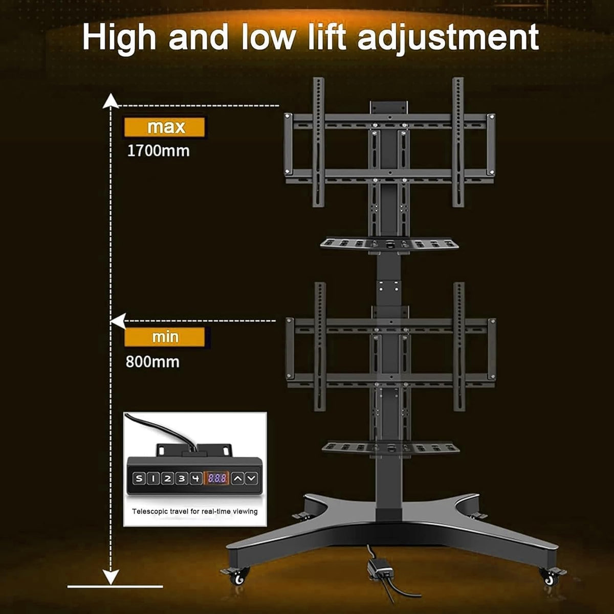 Motorized TV Floor Stand - Mobile TV Cart with Wheels, with Remote Control, Auto Lifting, Dual Mode Control