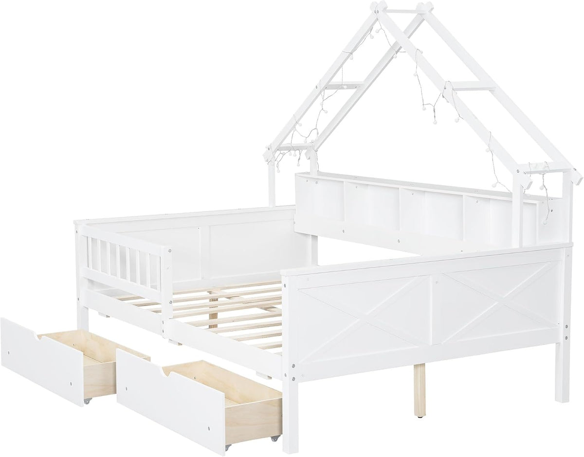 Bellemave Full Size Kids House Bed with Storage Drawers and Led Lights, Solid Wood House Frame Kids Bed with Bookshelf and Roof for Boys,Girls,White