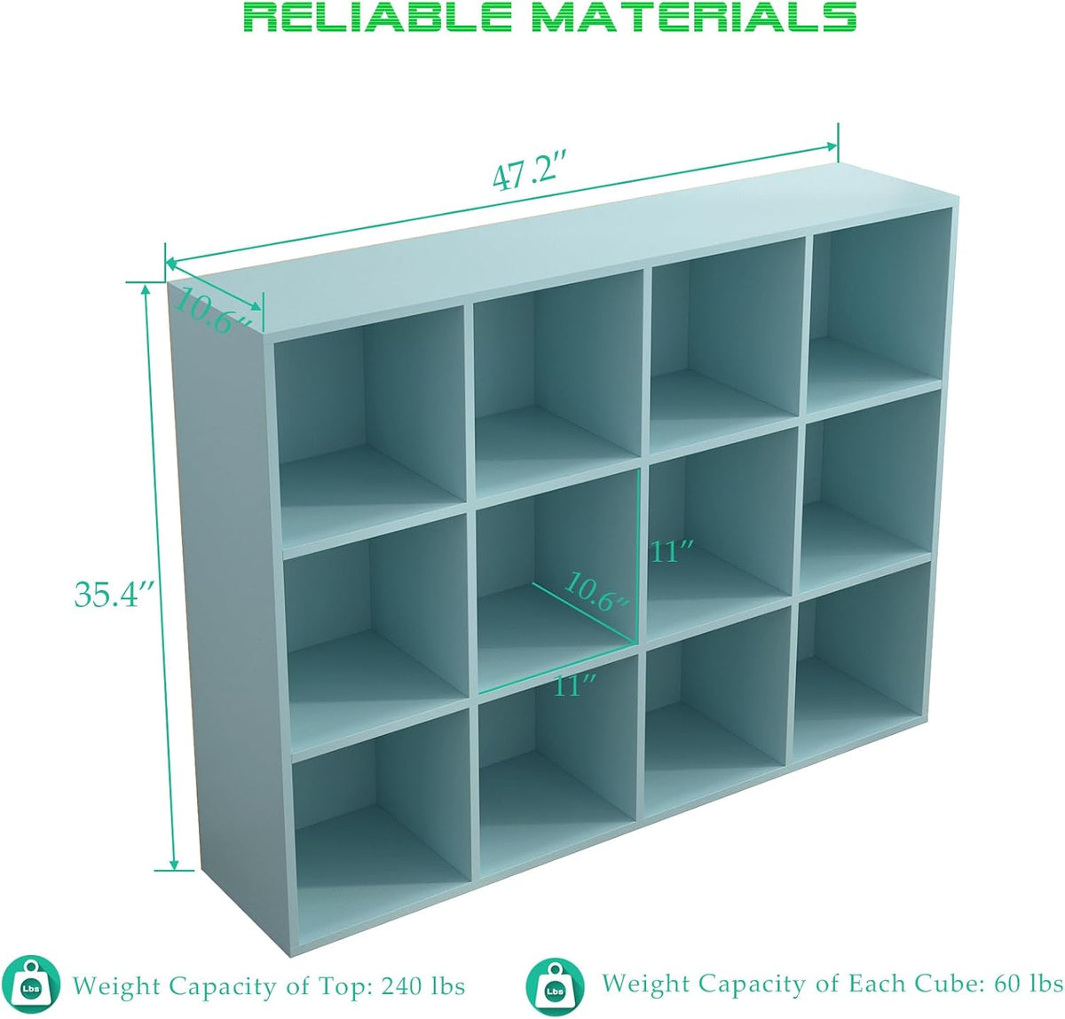 OSCHF 12-Cube Storage Shelf Bookcase - Wooden 3-Tier Floor Standing Open Bookshelf for Home and Office, Display Cabinet, Light Blue