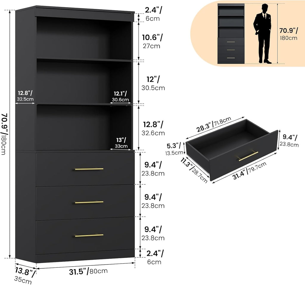 Winkalon 71' Tall Black Bookshelf with Drawers, Bookcase and Bookshelf with 3-Tier Open Shelves, Tall Bookcase Tall Storage Cabinet for Home Office Living Room, 13.8' D x 31.5' W x 71' H