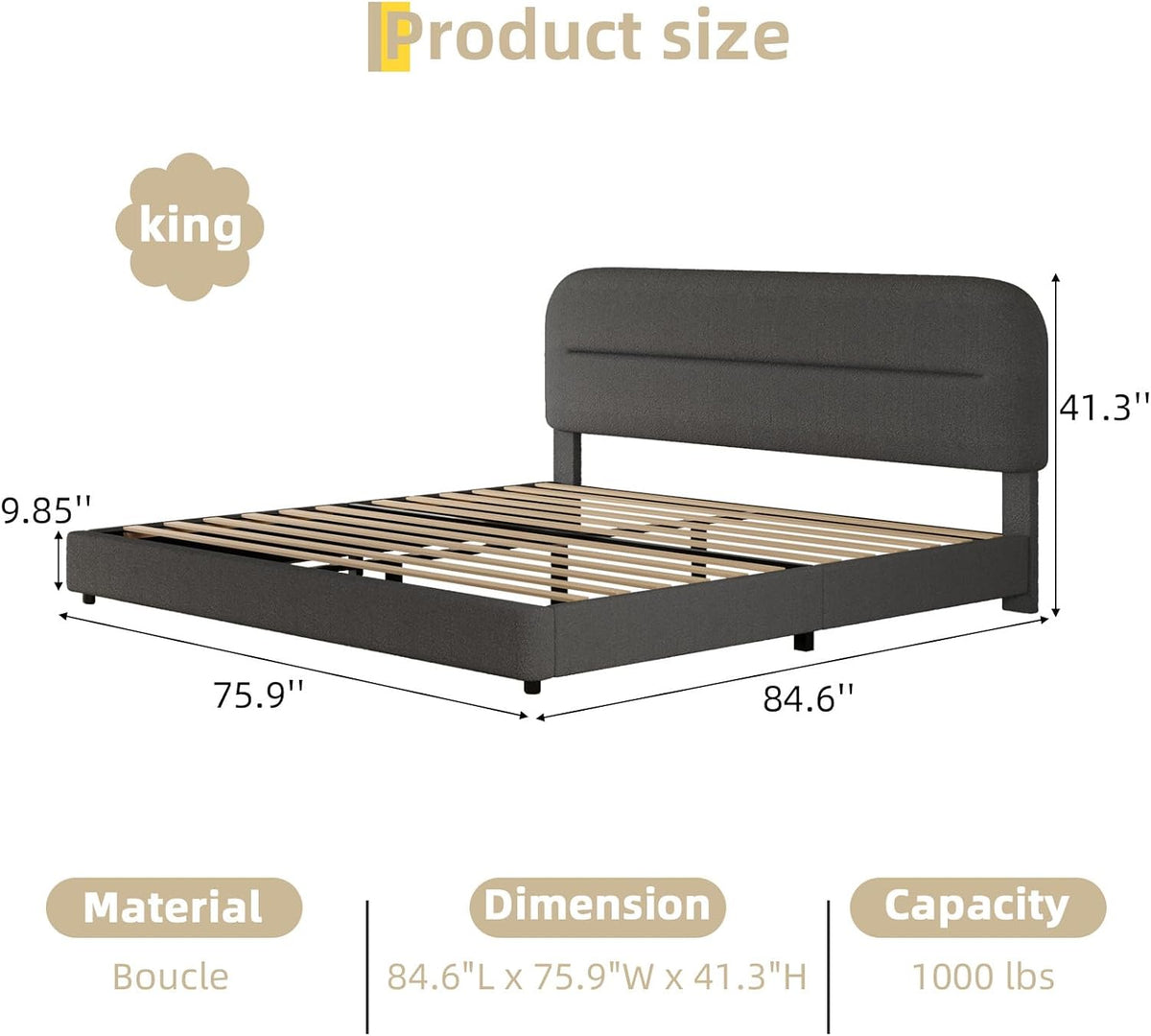 HOMBCK King Size Bed Frame, Boucle Upholstered Bed Frames and Headboard, Soft Bed Frame King with Thickened Footboard, Rounded Corners, No Box Spring Needed, Easy Assembly, Grey