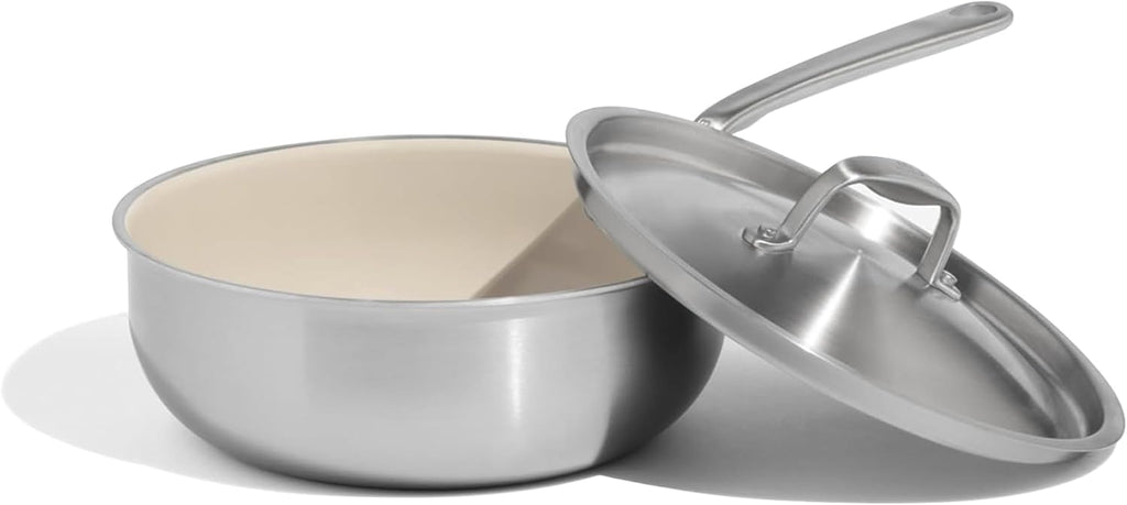 Made In Cookware | 3 QT Ceramic Non Stick Saucier with Lid | 5-Ply Stainless Clad with Stay-Cool Handle | Professional Cookware | Crafted in Italy | Induction Compatible