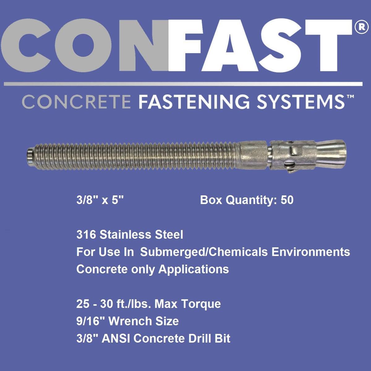 CONFAST 3/8' x 5' 316 Stainless Steel Wedge Anchor (50 per Box)