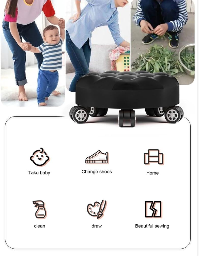 Low Roller Stool with 360° Swivel Wheels, Low-Height Short Rolling Stool Seat, PU Leather Small Mechanic Chair, Rolling Stools with Backrest for Pedicure, Garage, Shop, Library Black