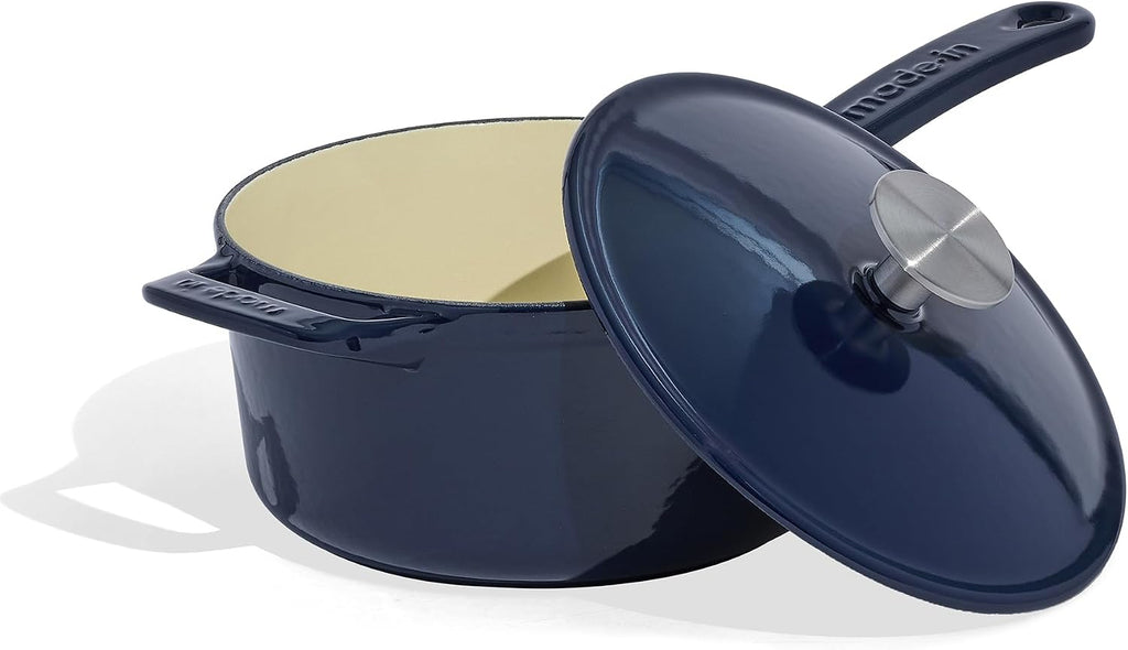 Made In Cookware | 2 Quart Enameled Cast Iron Saucepan with Lid (Harbour Blue) | Hand-Enameled Cast Iron | Professional Cookware | Crafted in France | Induction Compatible