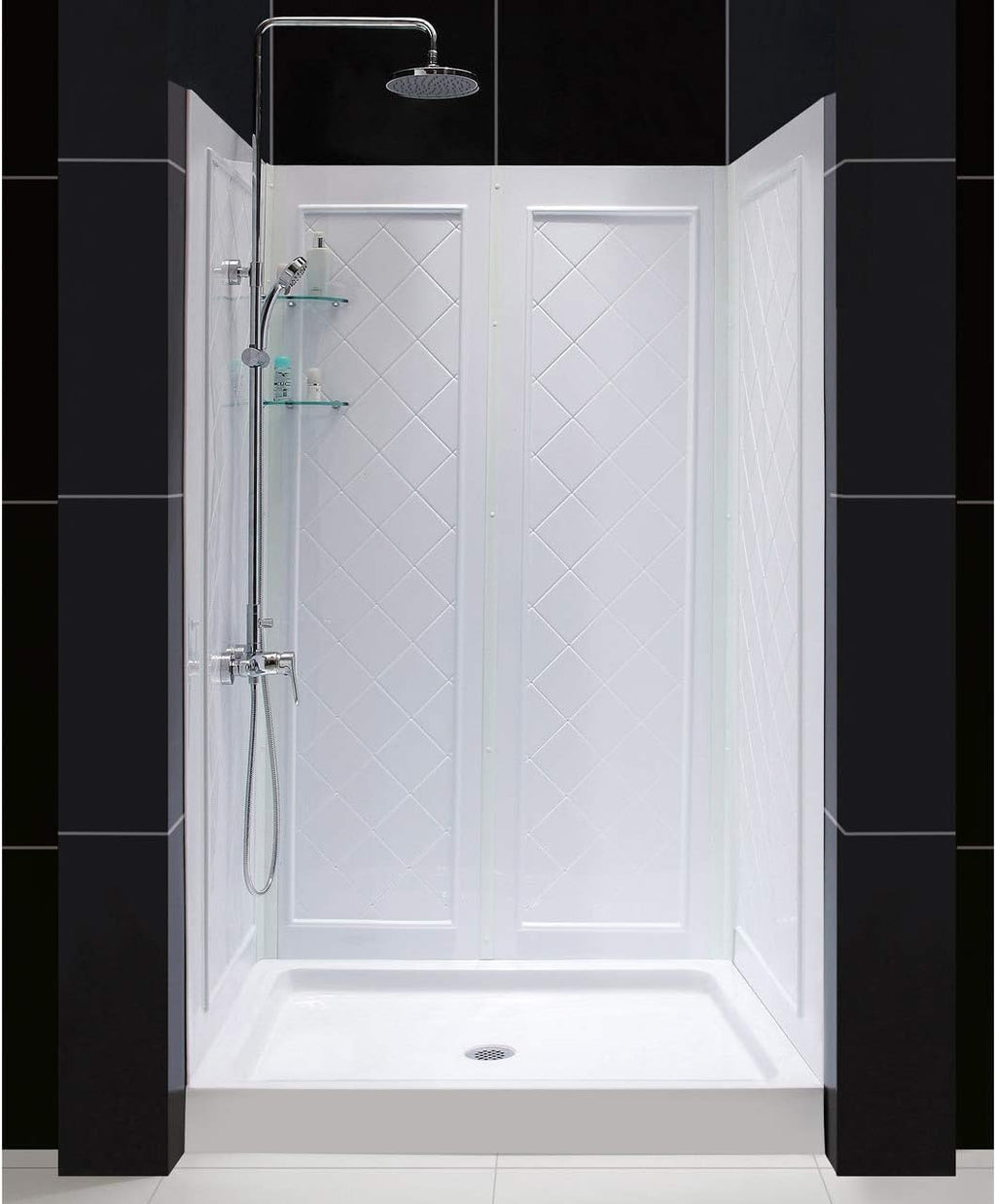 DreamLine 36 in. D x 48 in. W x 76 3/4 in. H Center Drain Acrylic Shower Base and QWALL-5 Backwall Kit In White, DL-6193C-01