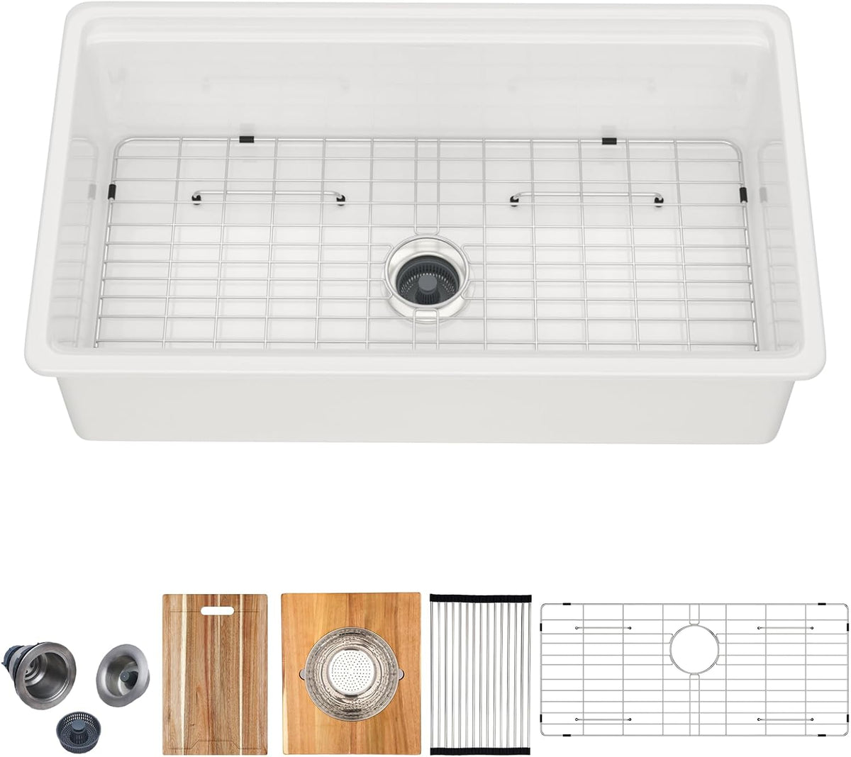 33x19 White Undermount Kitchen Sink, Glossy White Fireclay Single Bowl Workstation Sink, High Fired 2130°C Ceramic Porcelain with Cutting Board, Pasta Strainer & Mixing Bowl #TLAC-0076