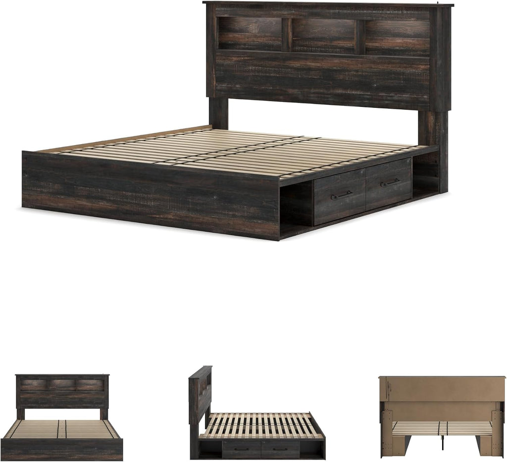 Signature Design by Ashley Drystan Rustic King Bookcase Bed with 4 Storage Drawers, Open Cubbies and LED Light, Foundation or Box Spring Not Needed, Dark Brown & Gray