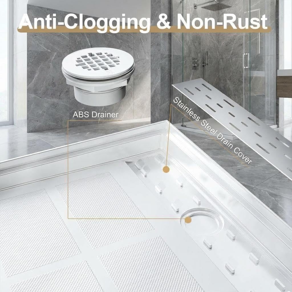 Shower Pan 48' x 32' Non-Slip SMC Shower Base, Right Drain with 304 Stainless Steel Square Drain Cover, Single Threshold Floor Shower Tray Kit for Easy Installation, White