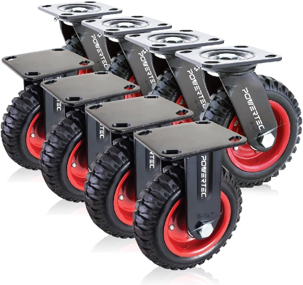 POWERTEC 6 Inch Caster Wheels Set of 8 (4 Swivel & 4 Fixed), Heavy Duty Rubber Casters Knobby Tread for Workbench, Dolly, Cart, Trolley, Wagon, Toolbox and Chicken Coop, Large Castor Wheels (17054-P2)