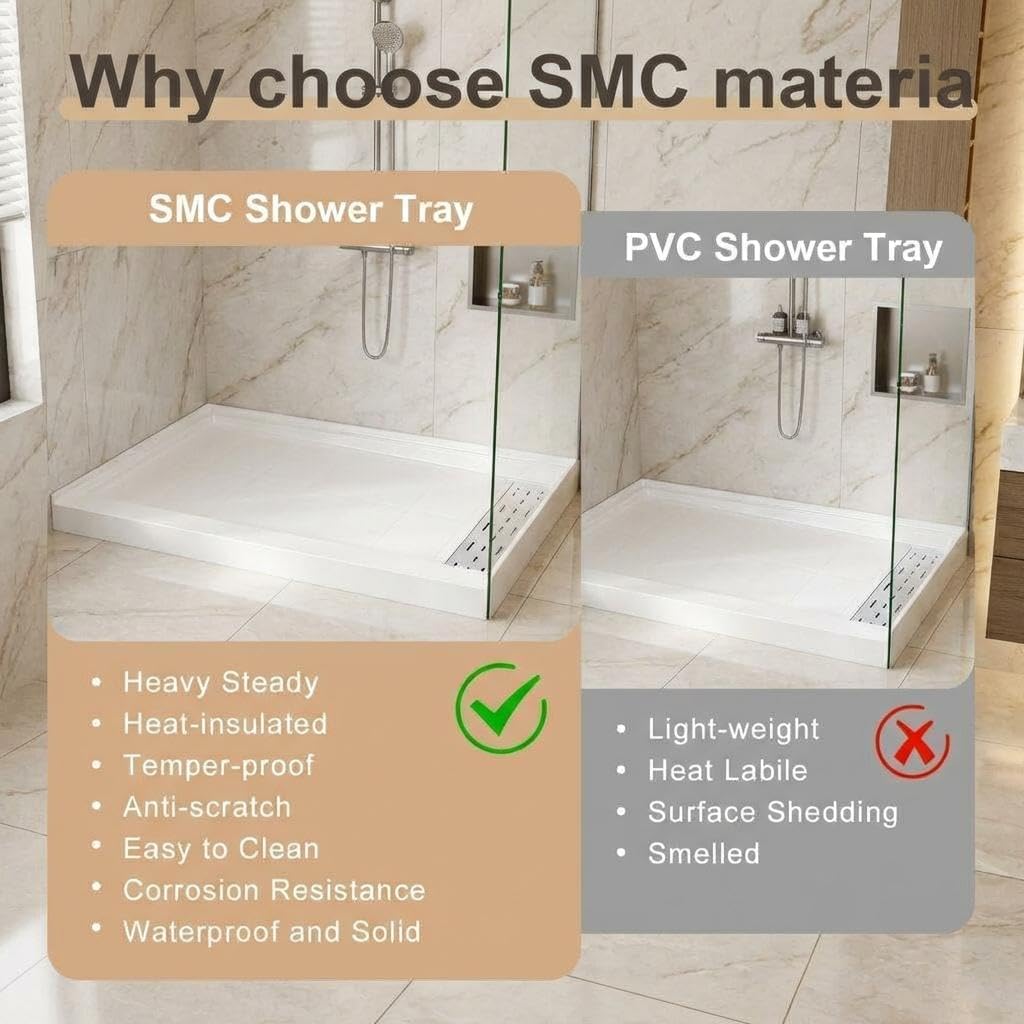 Shower Pan 48' x 32' Non-Slip SMC Shower Base, Right Drain with 304 Stainless Steel Square Drain Cover, Single Threshold Floor Shower Tray Kit for Easy Installation, White