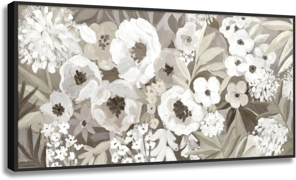 Framed Floral Canvas Wall Art, Gray and White Poppy Flowers Artwork for Boho Living Room Bedroom Office Decor, 24 x 48 Inch